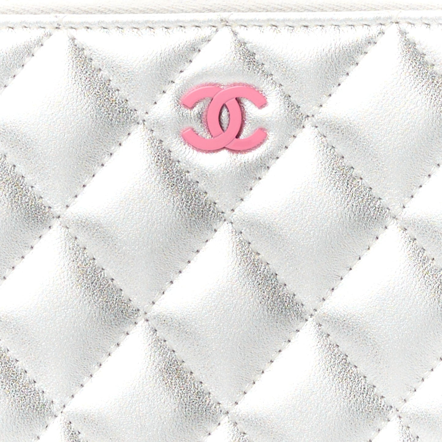 Metallic Lambskin Quilted Large Gusset Zip Around Wallet Silver Pink