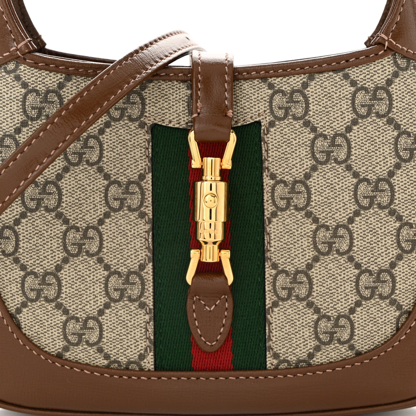 GG Supreme Monogram Azalea Calfskin Web Mini Jackie 1961 Hobo Beige Ebony Brown Sugar