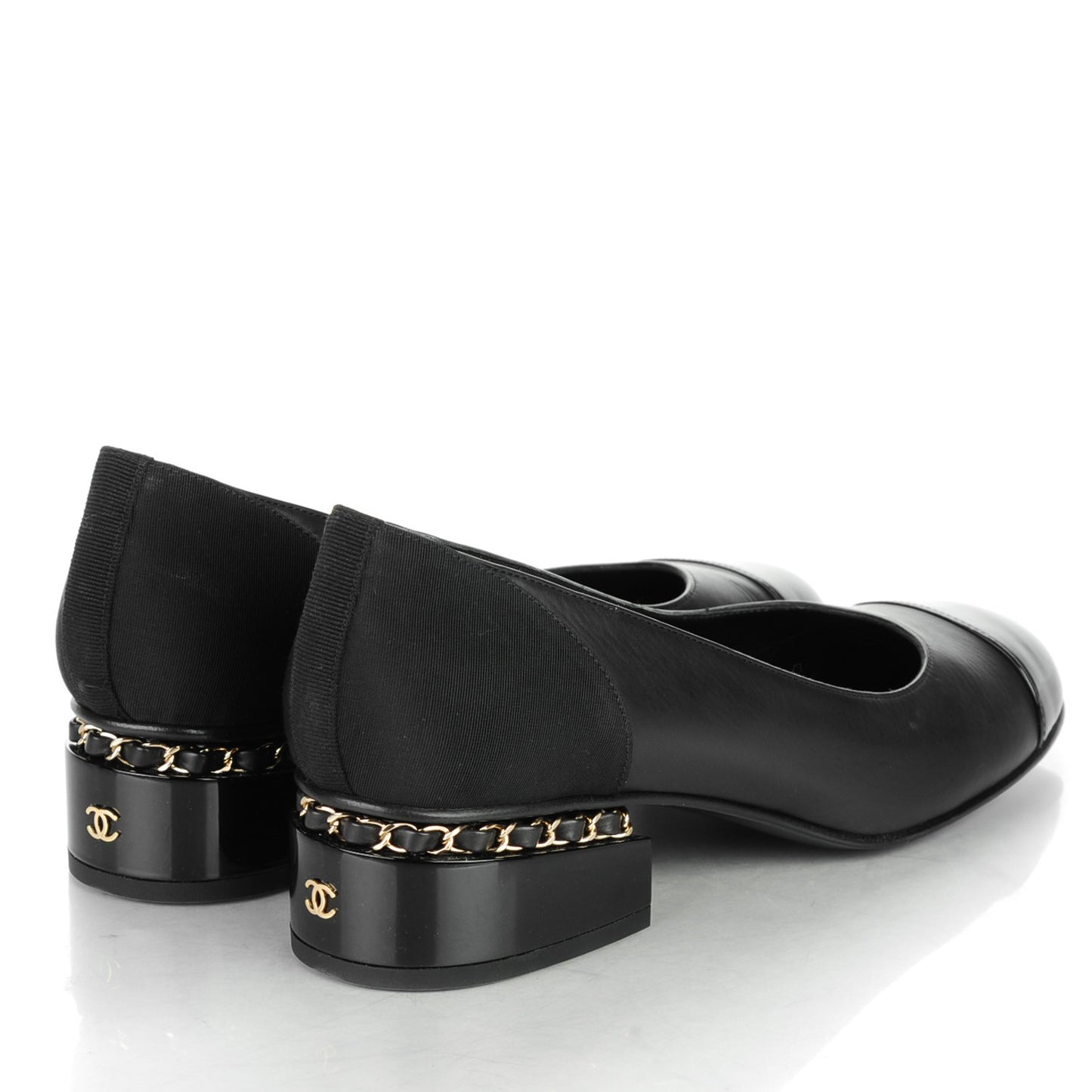 Lambskin Patent Cap Toe Low Heel Chain Pumps 39 Black