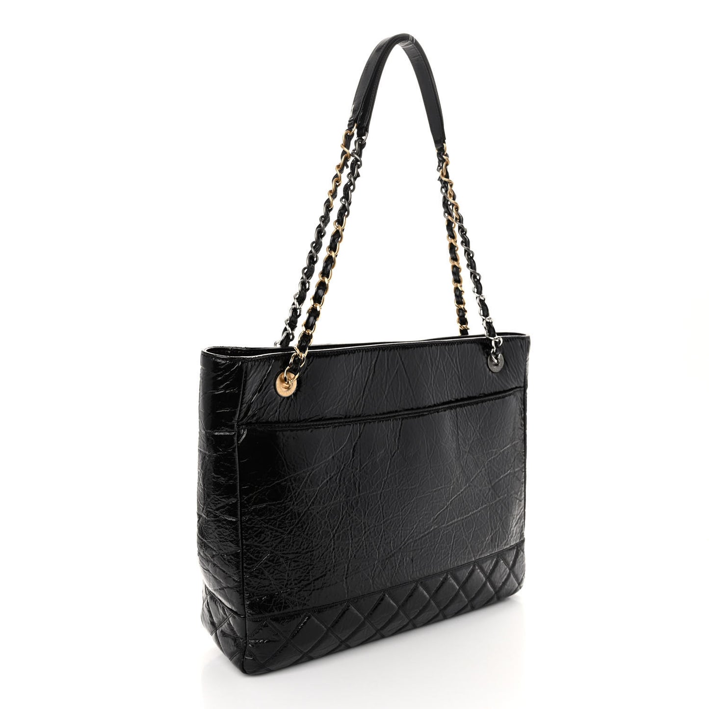 Shiny Aged Calfskin Quilted Large Shopping Bag Black