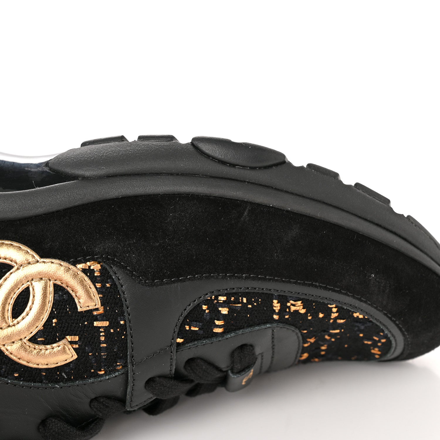 Chanel Velour Tweed CC Sneakers 40 Black Gold 12 of 14