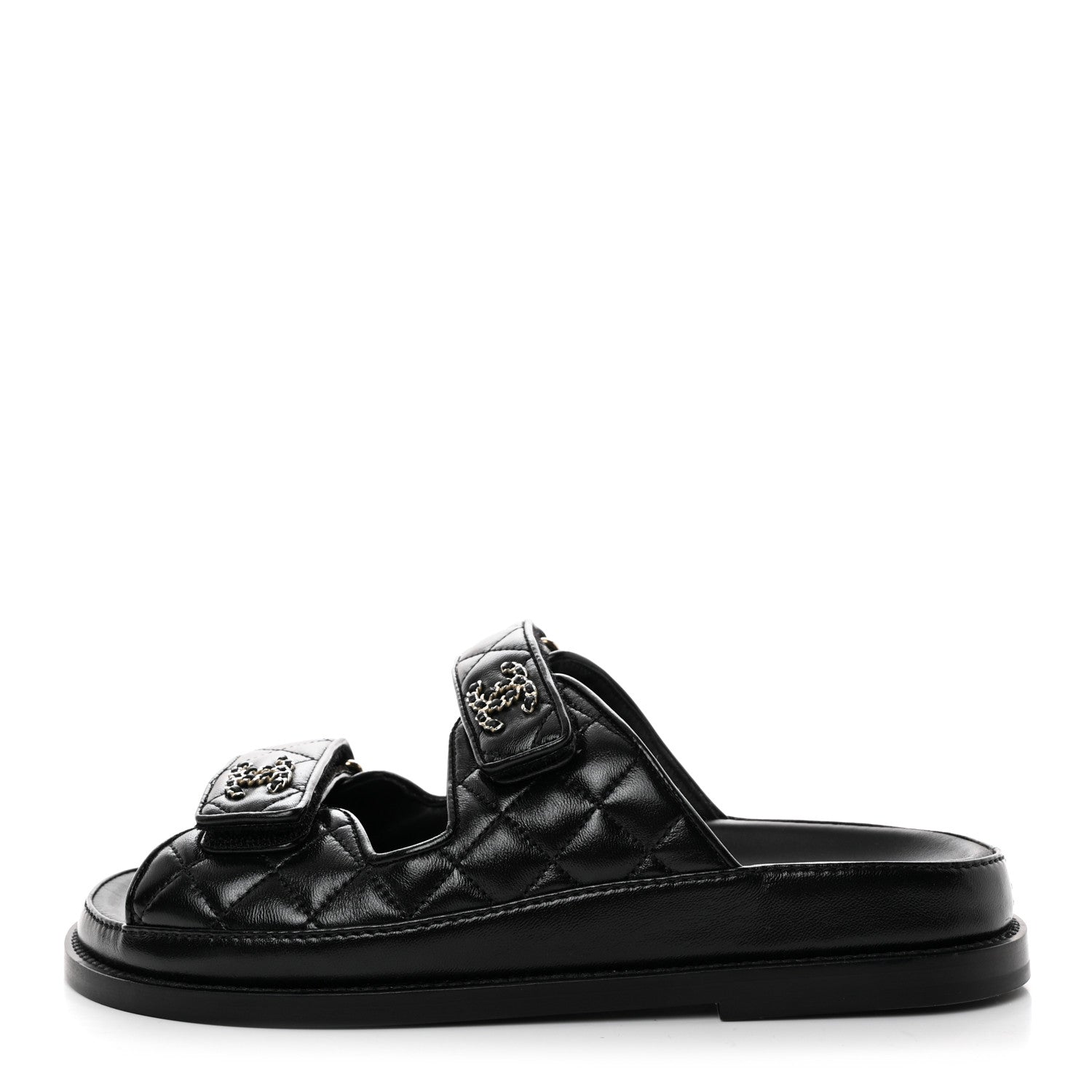 Chanel Lambskin Quilted Velcro Dad Chain CC Slide Sandals 38 Black 1 of 9