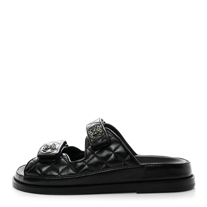 Chanel Lambskin Quilted Velcro Dad Chain CC Slide Sandals 38 Black 1 of 9