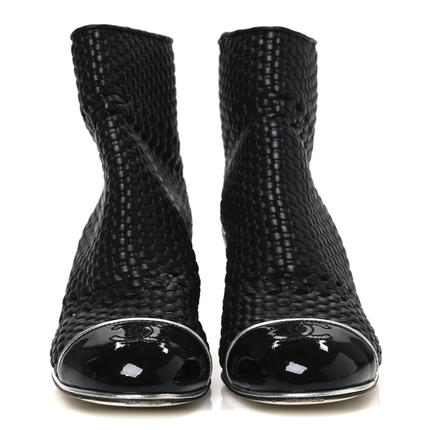 Woven Lambskin Patent Cap Toe Short Boots 41 Black