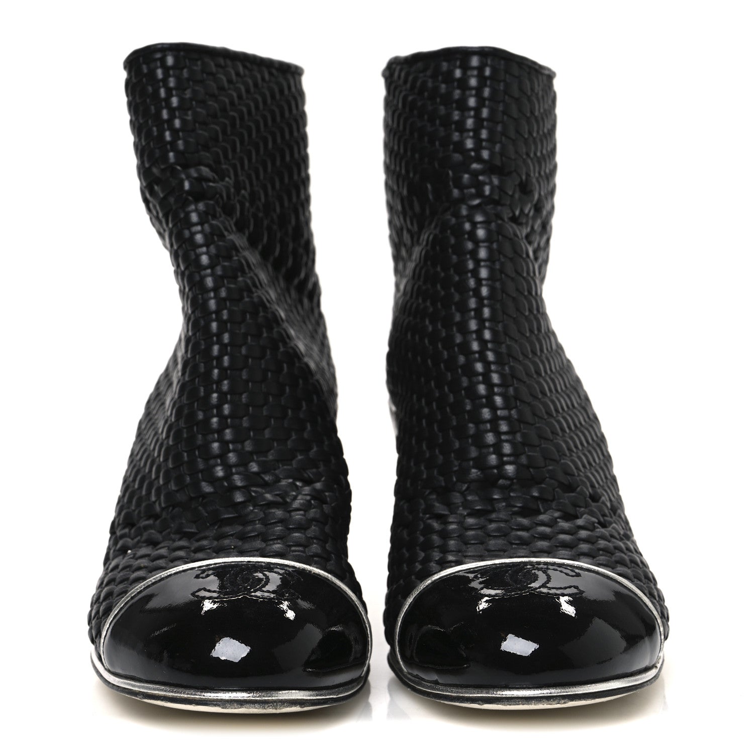 Chanel Woven Lambskin Patent Cap Toe Short Boots 41 Black 3 of 10