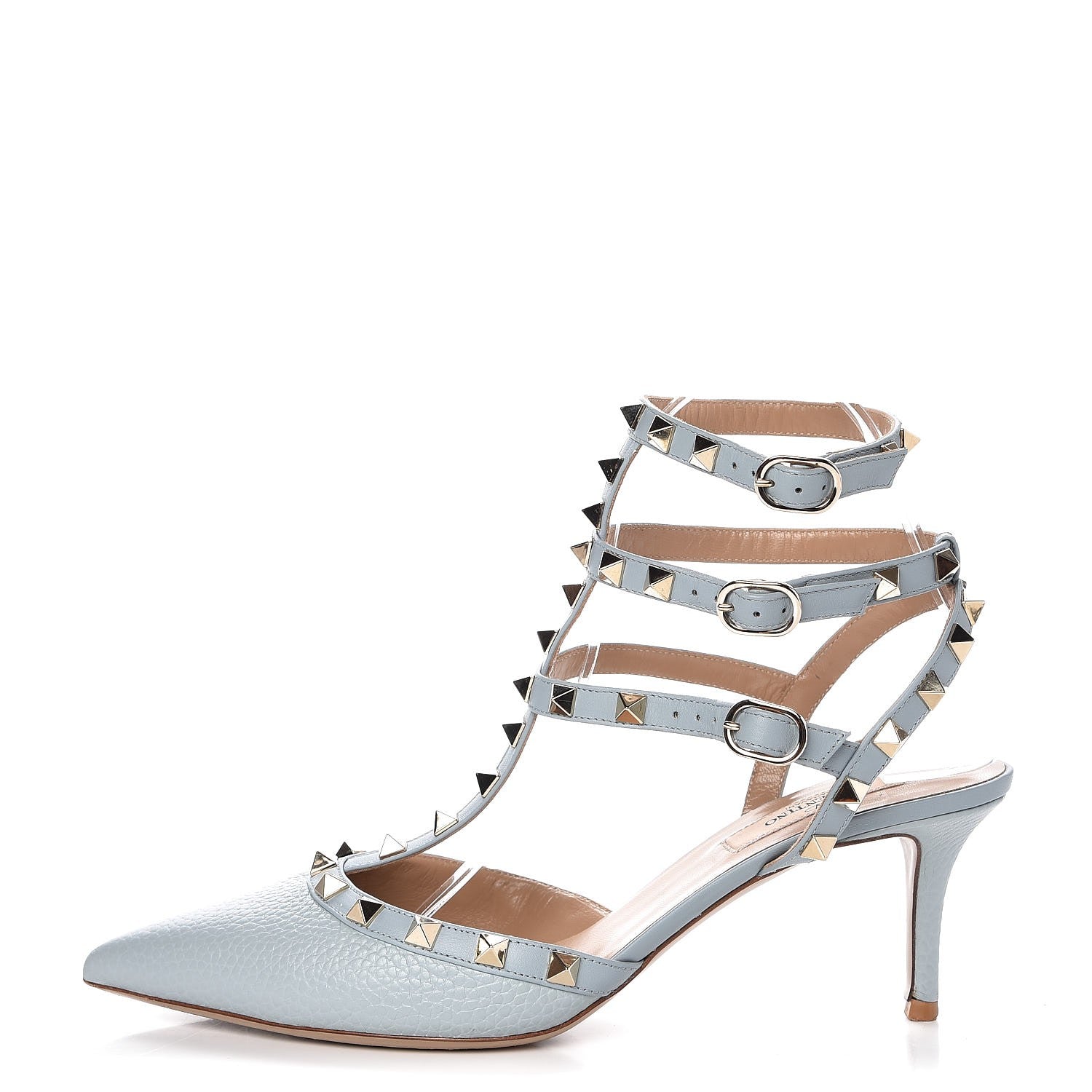 Valentino Garavani Pebbled Calfskin Rockstud Ankle Strap 65mm Pumps 38.5 Sky Sorbet 1 of 16