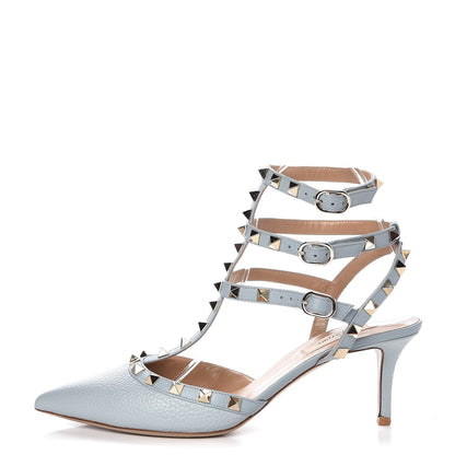 Valentino Garavani Pebbled Calfskin Rockstud Ankle Strap 65mm Pumps 38.5 Sky Sorbet 1 of 16