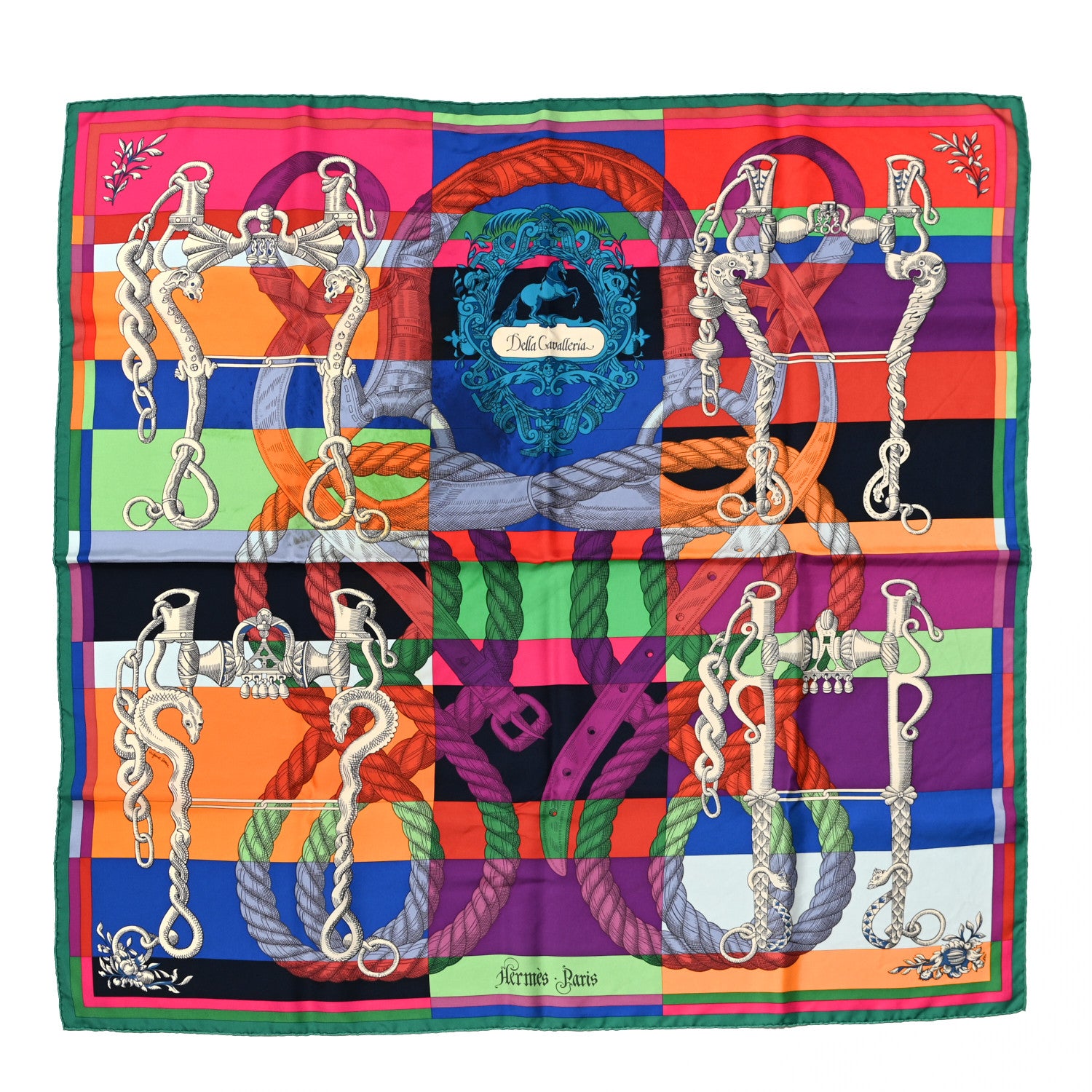 Hermes Silk Double Della Cavalleria Fine Scarf 90 Vert Jaune Vif Mauve Sylvestre 1 of 8