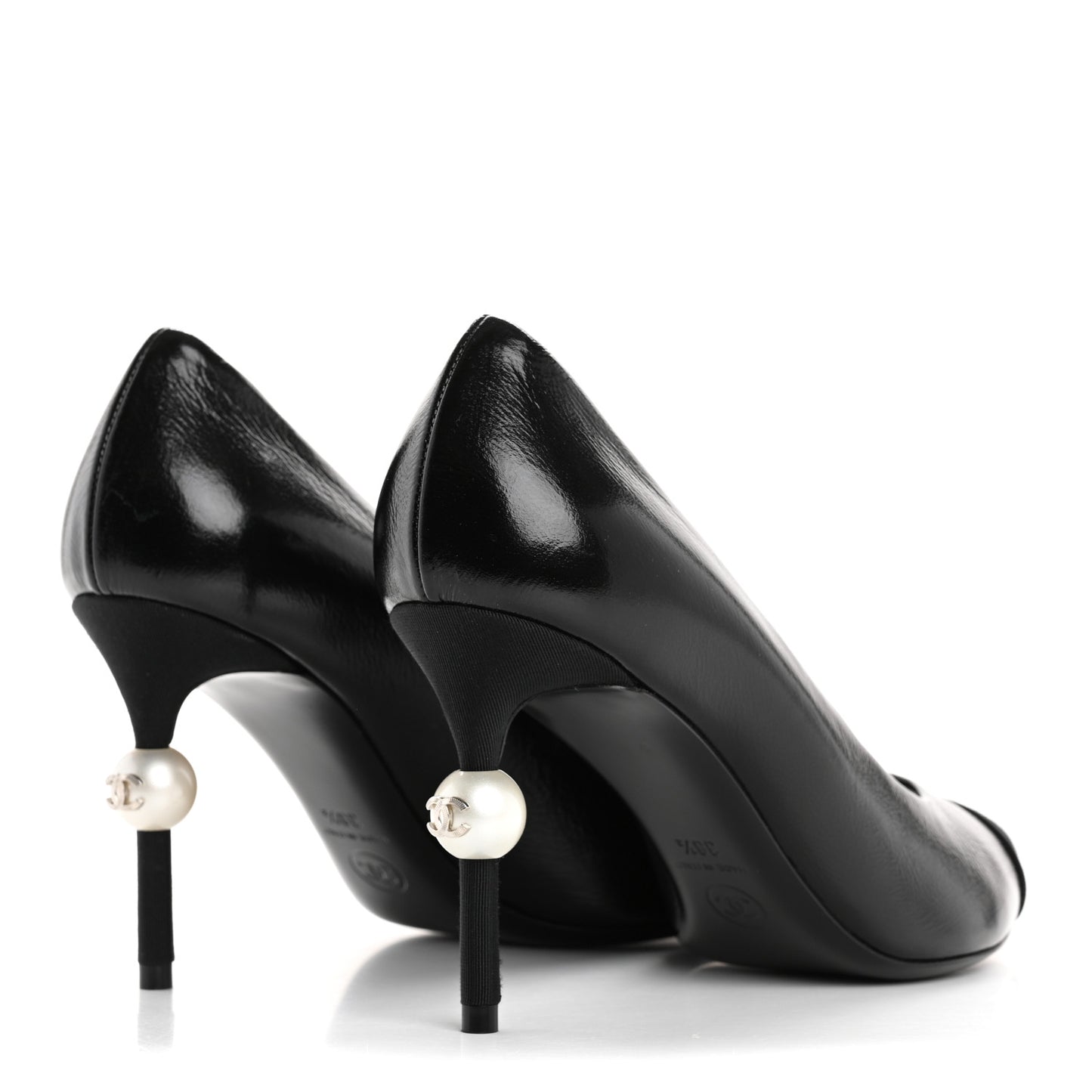 Shiny Calfskin Grosgrain Cap Toe CC Pearl Pumps 38.5 Black