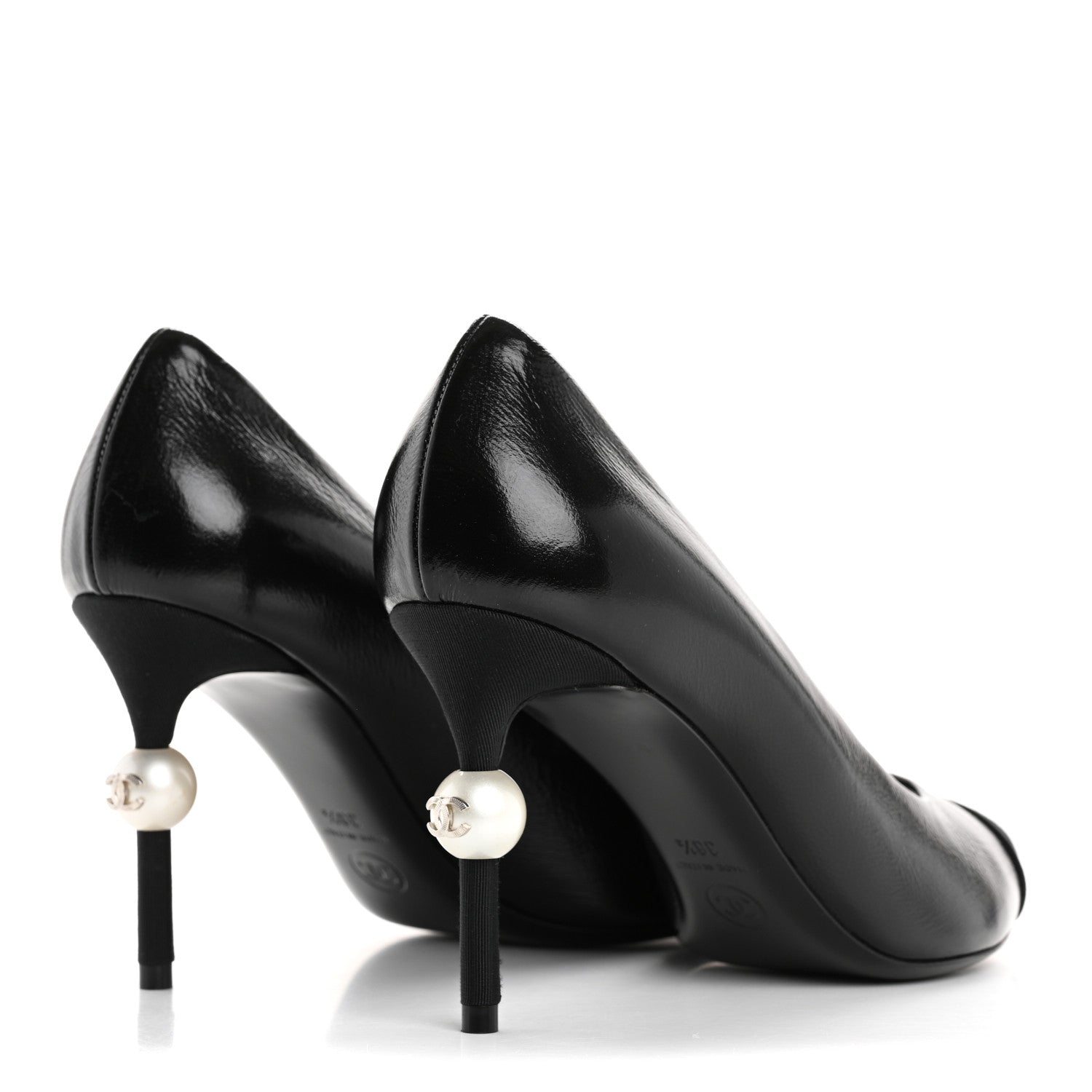 Chanel Shiny Calfskin Grosgrain Cap Toe CC Pearl Pumps 38.5 Black 5 of 10