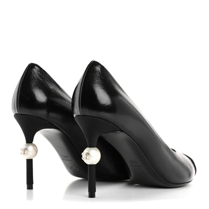 Chanel Shiny Calfskin Grosgrain Cap Toe CC Pearl Pumps 38.5 Black 5 of 10