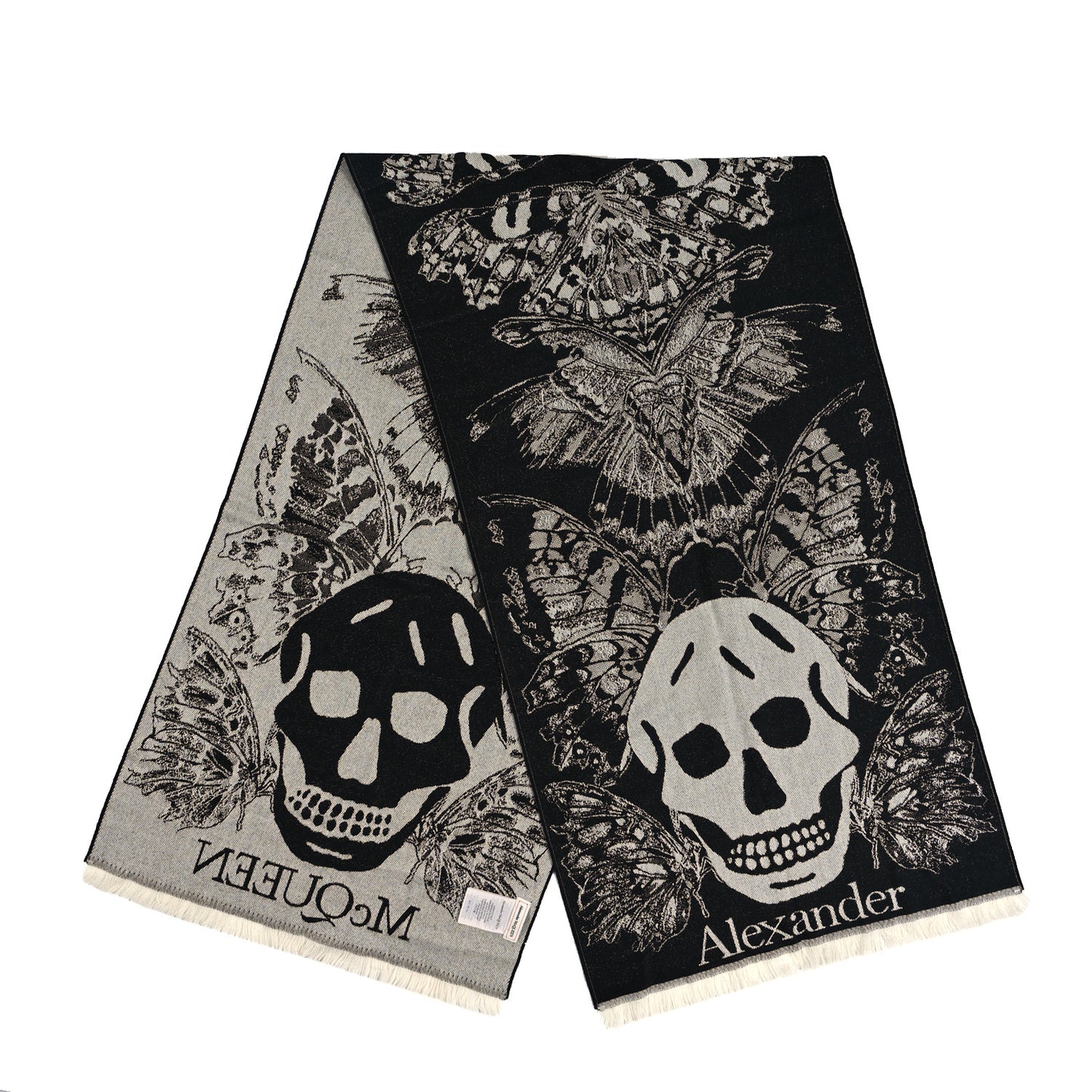 Wool Butterflies Skulls Scarf Black White
