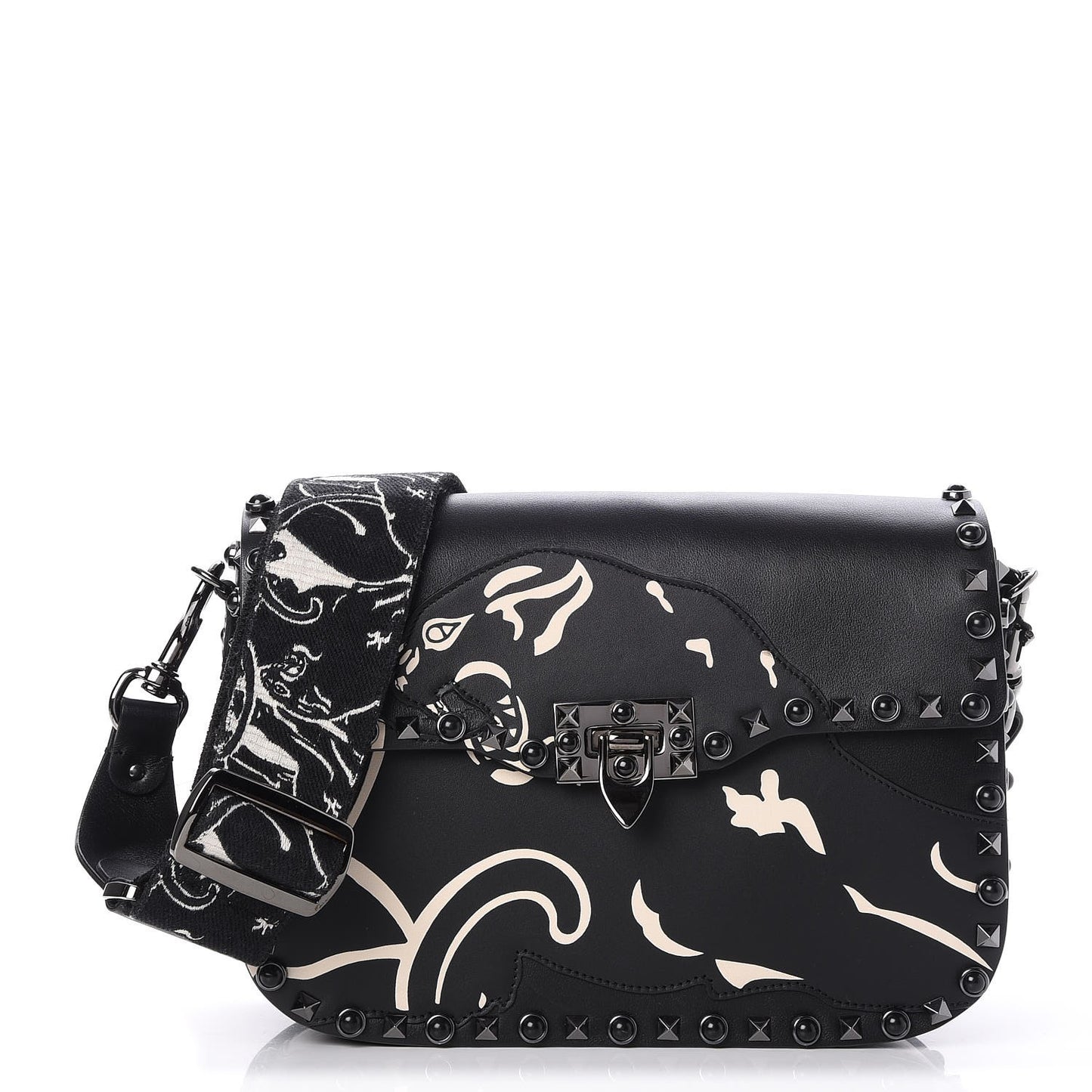 Calfskin Panther Medium Guitar Strap Rockstud Rolling Flap Saddle Bag Black