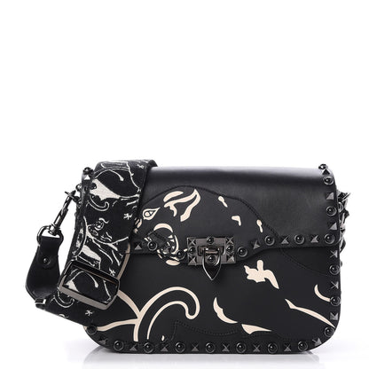 Valentino Garavani Calfskin Panther Medium Guitar Strap Rockstud Rolling Flap Saddle Bag Black 1 of 6