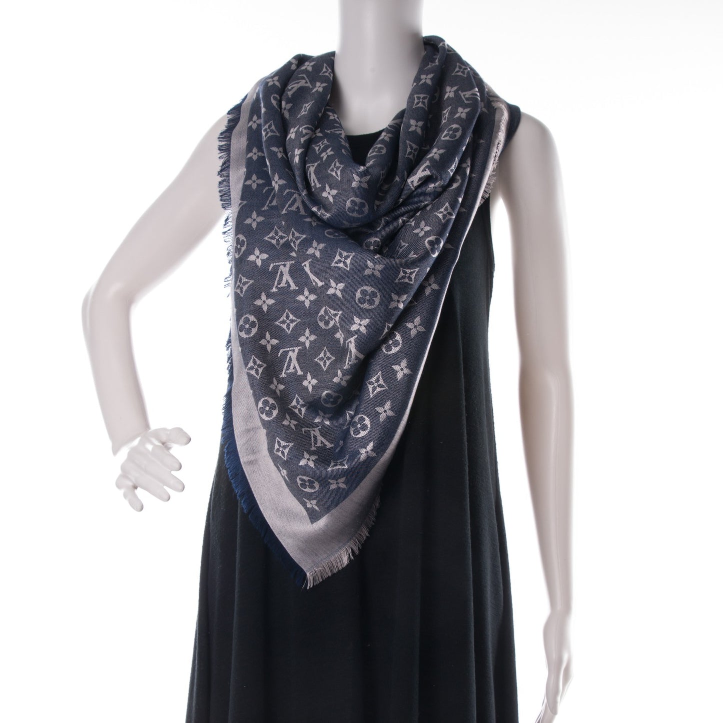 Wool Silk Monogram Denim Shawl Blue