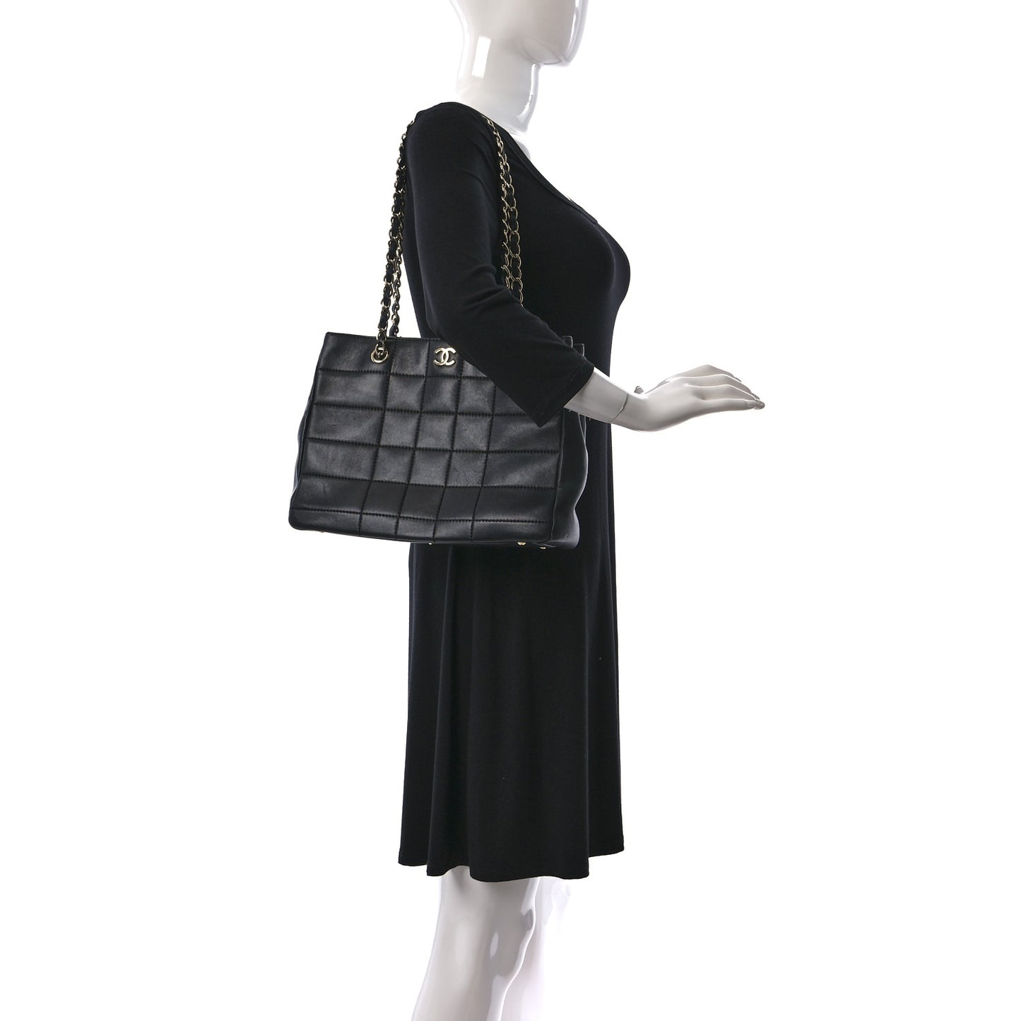 Calfskin Stitched Chocolate Bar Shopping Tote Black