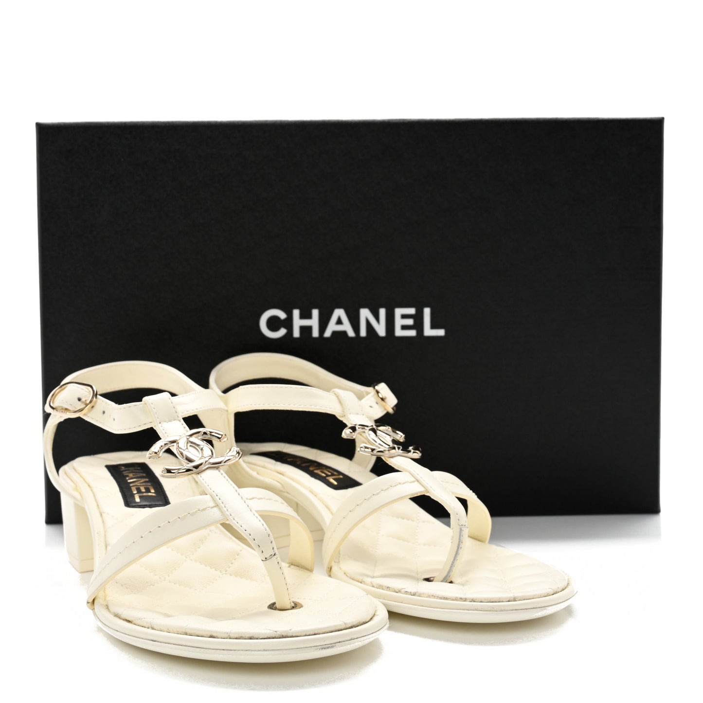 Lambskin CC Logo Thong Sandals 37.5 White