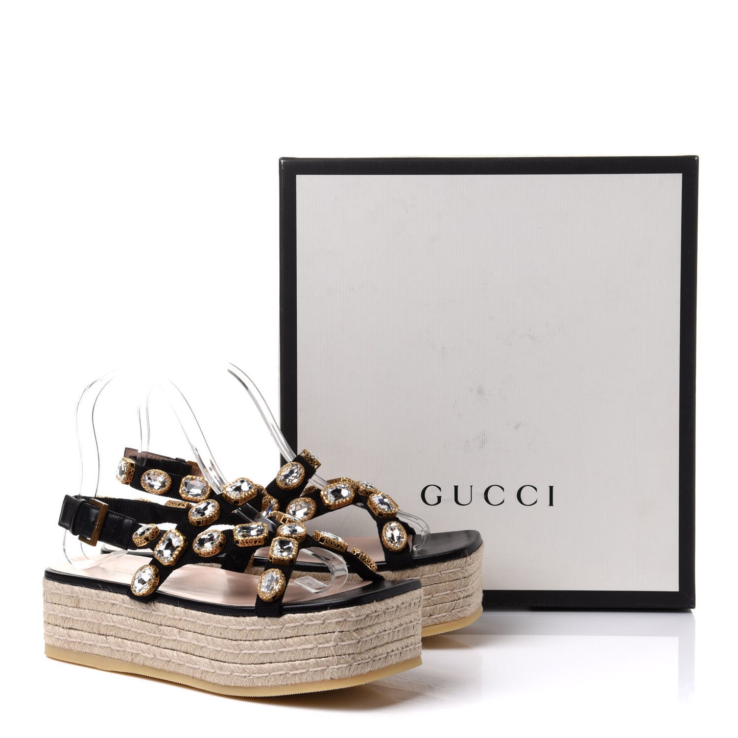 Grosgrain Crystal Perta Espadrille Platform Sandals 38.5 Black