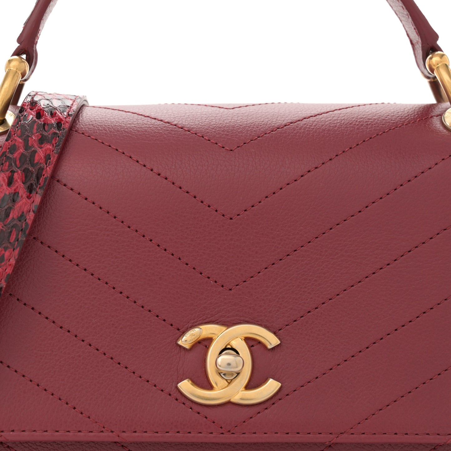 Grained Calfskin Snakeskin Small Chevron Chic Top Handle Flap Red