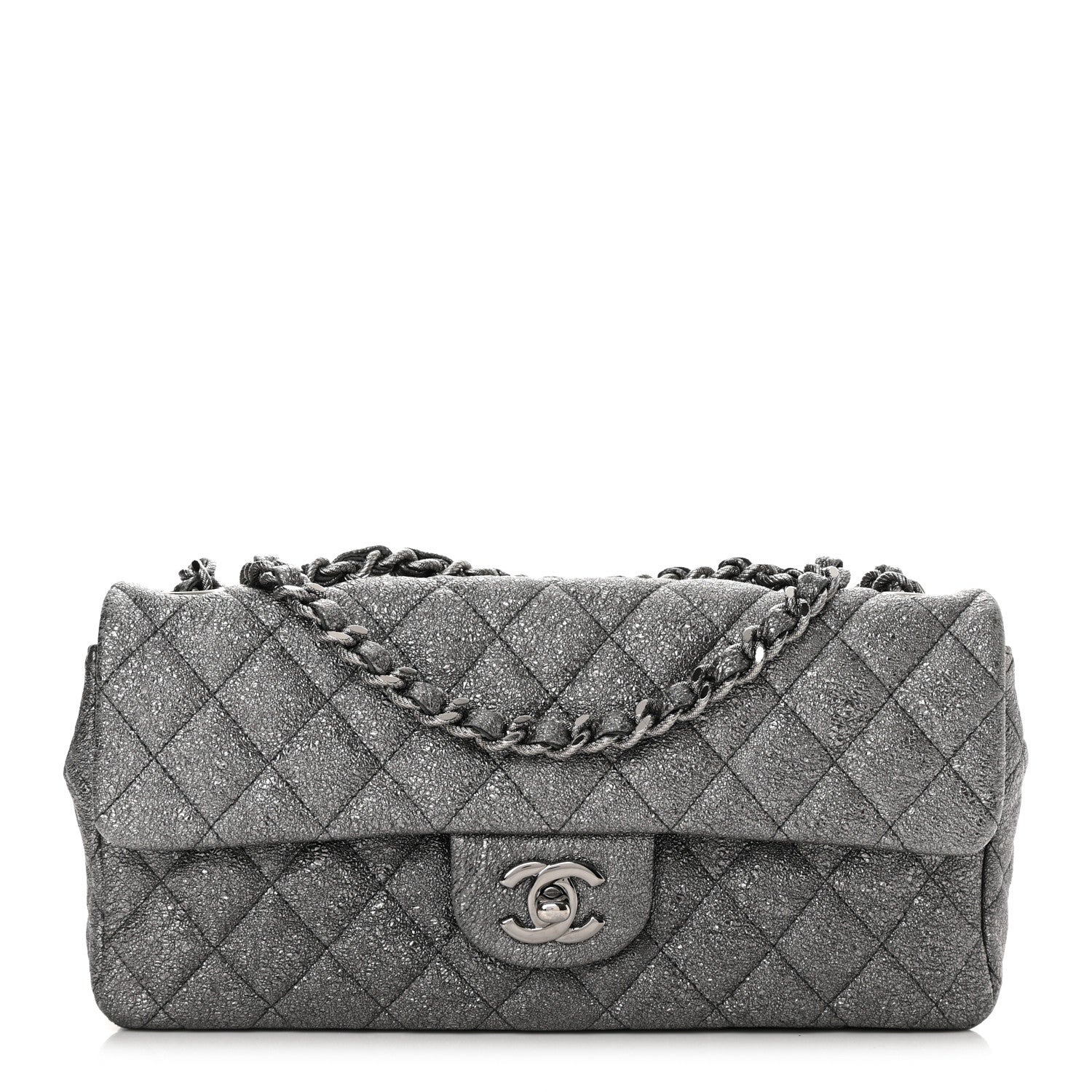 Chanel Metallic Crackled Calfskin Quilted East West Flap Dark Silver 1 of 10