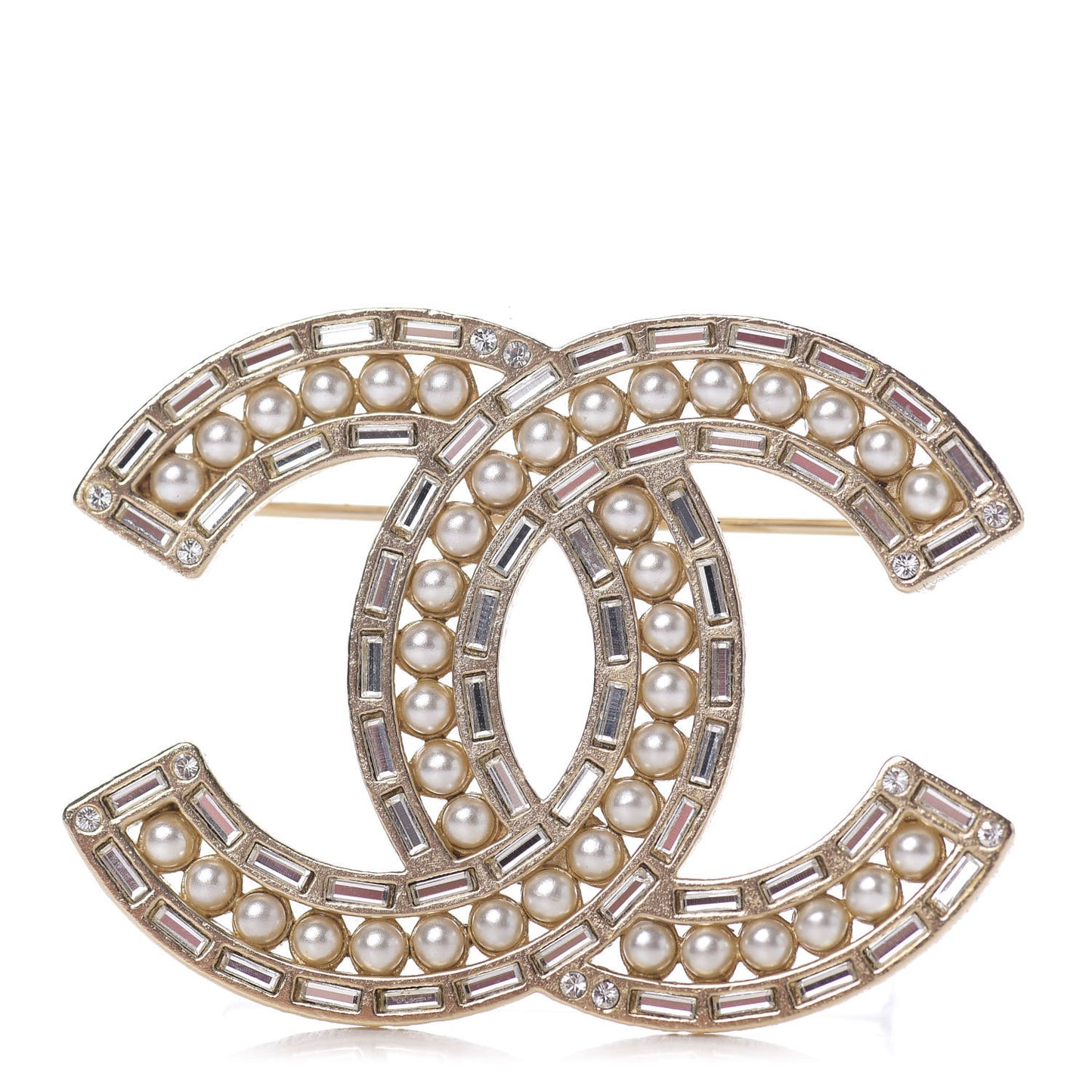 Pearl Crystal Baguette CC Brooch Gold