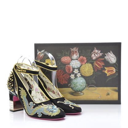 Gucci Satin Embroidered Dragon Caspar Pumps 38 Black 10 of 10