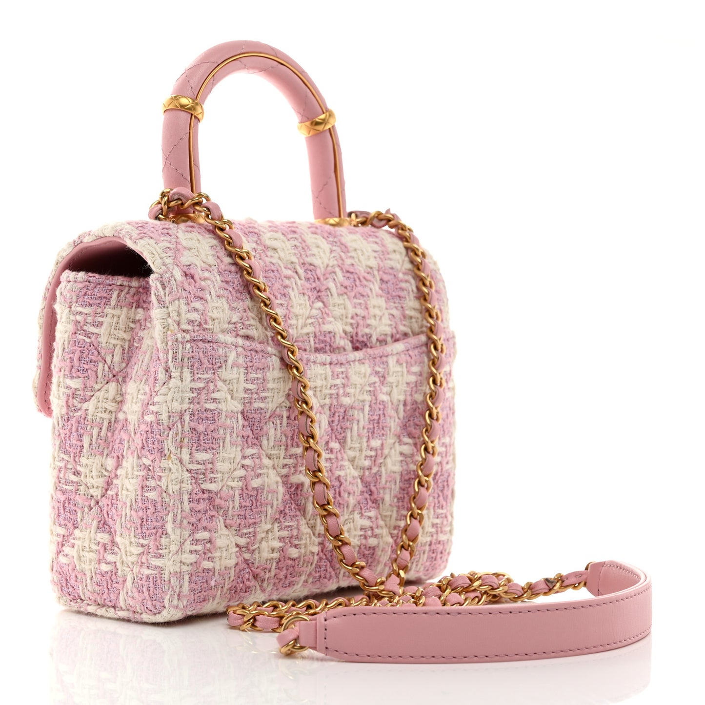 Tweed Handle Crush Top Handle Flap Bag Pink Ecru