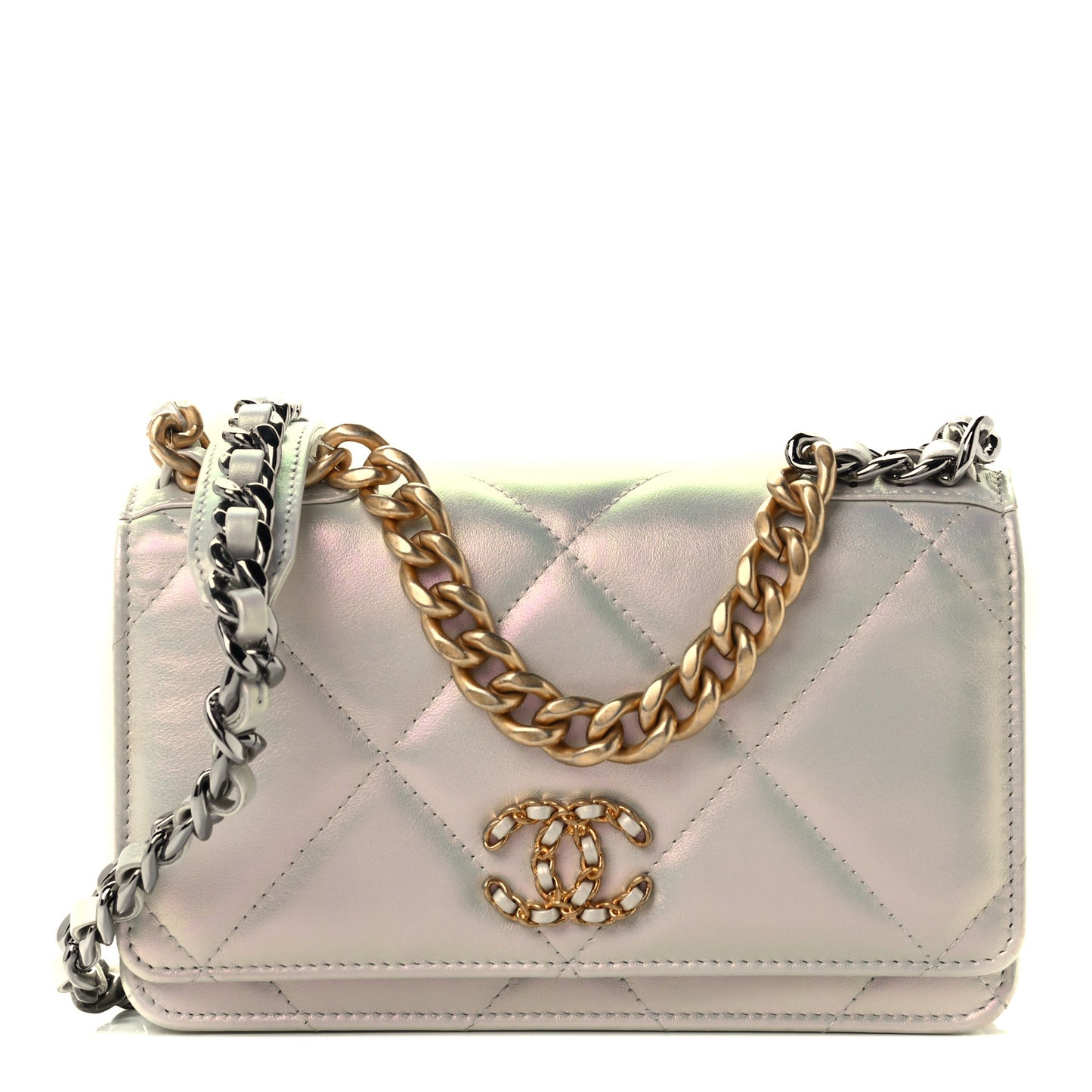 Iridescent Calfskin Quilted Chanel 19 Wallet On Chain WOC White