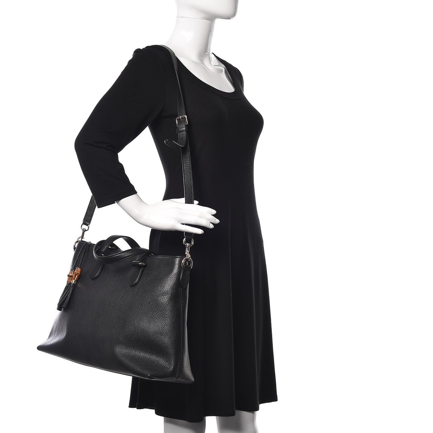 Pebbled Calfskin Convertible Bamboo Tassel Tote Black