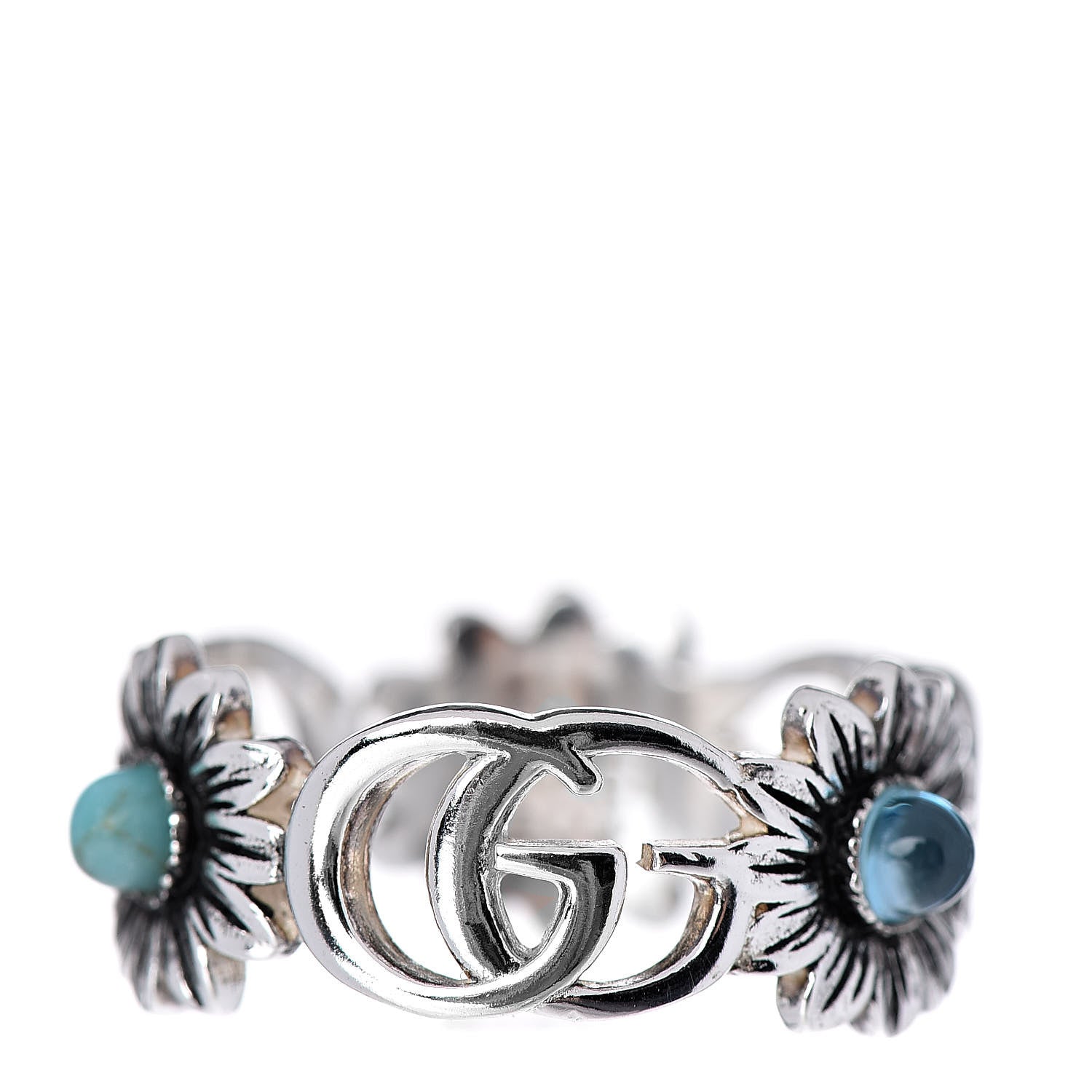 Gucci Sterling Silver Topaz Mother of Pearl Turquoise Resin Double G Flower Ring 58 8.25 1 of 4