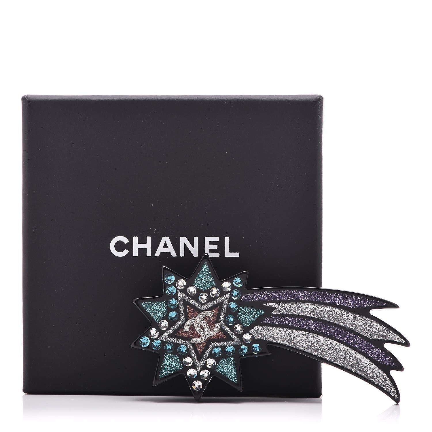 Chanel Glittered Resin Strass Shooting Star Brooch Silver Purple Green 6 of 6