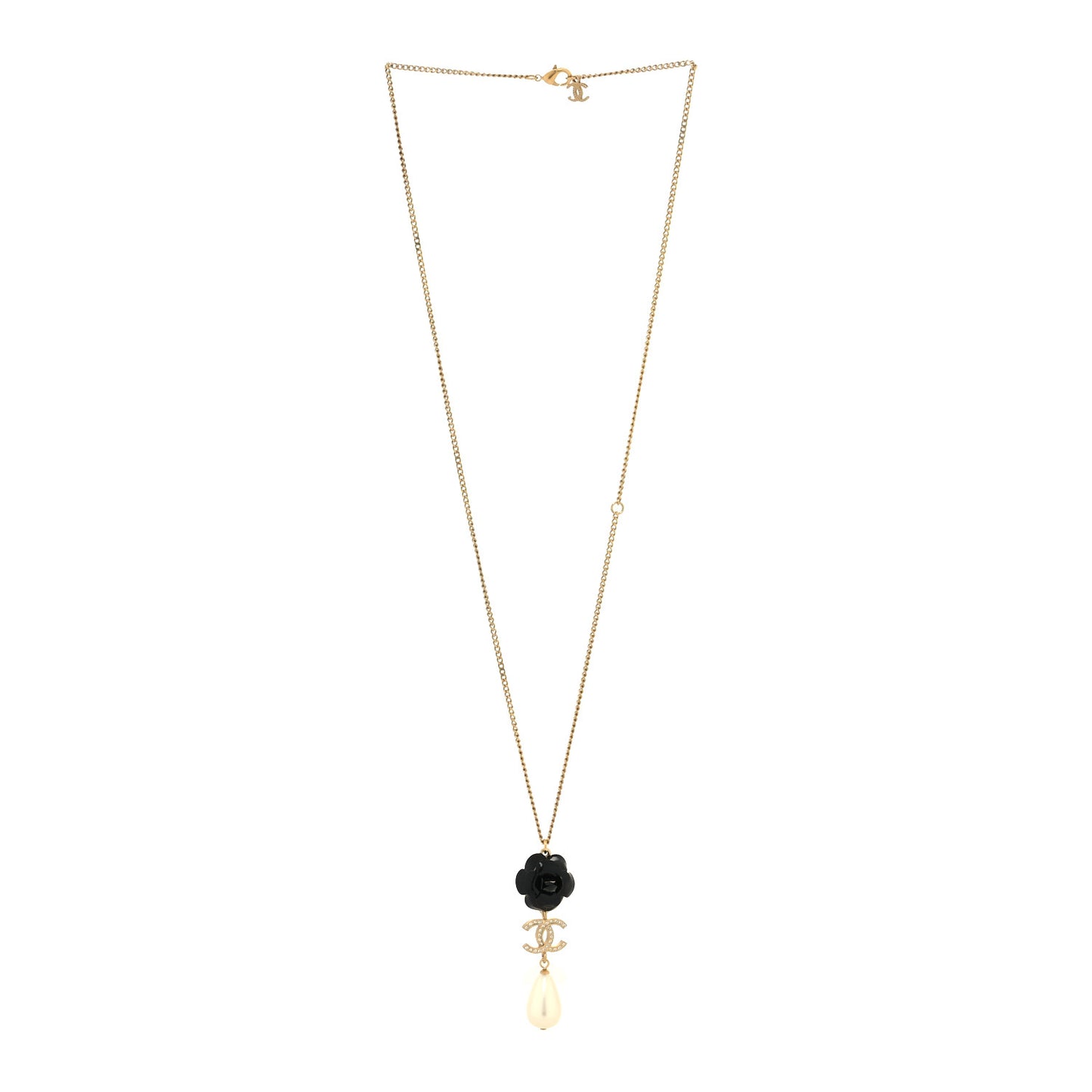 Enamel Crystal Pearl CC Camellia Necklace Gold Black