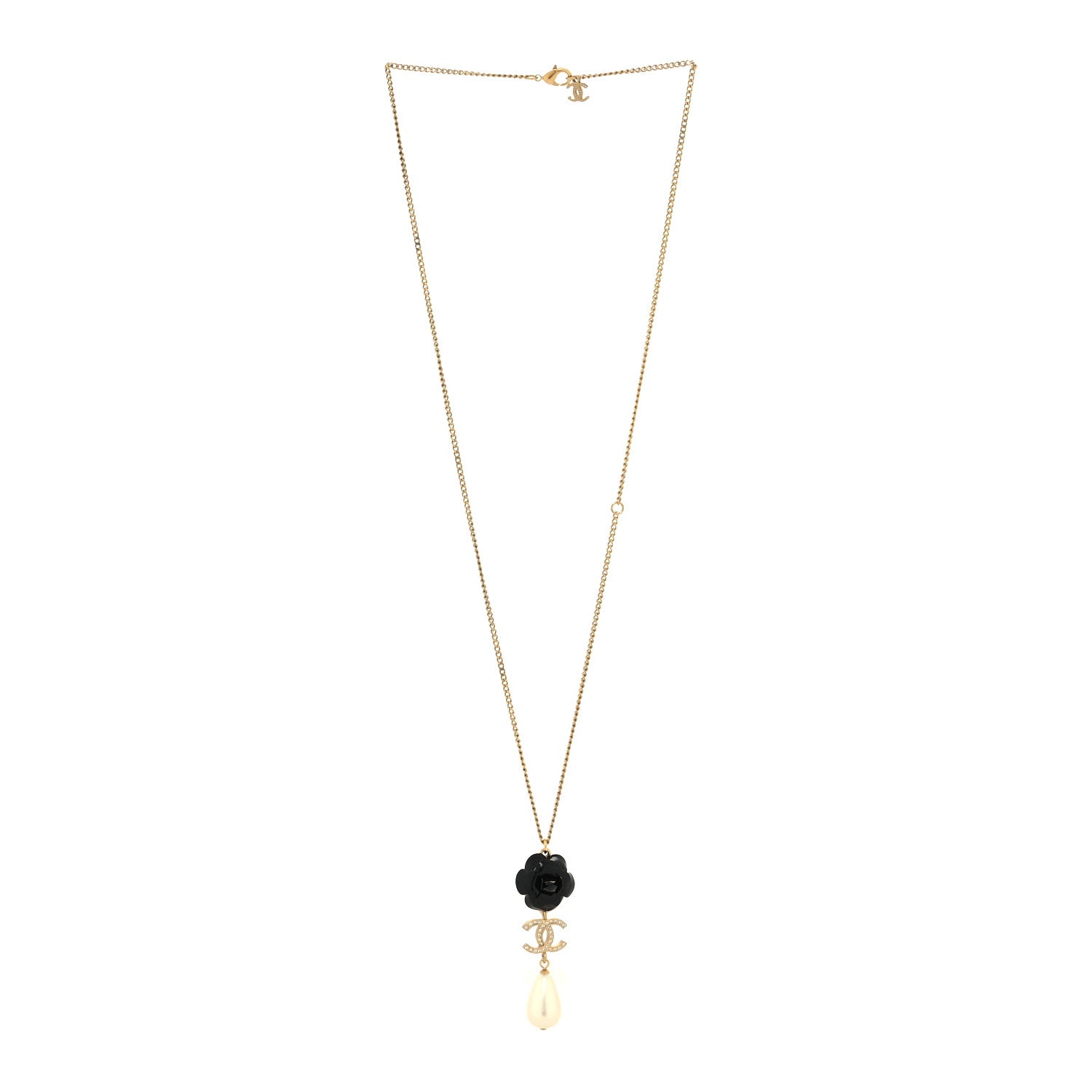 Chanel Enamel Crystal Pearl CC Camellia Necklace Gold Black 3 of 5