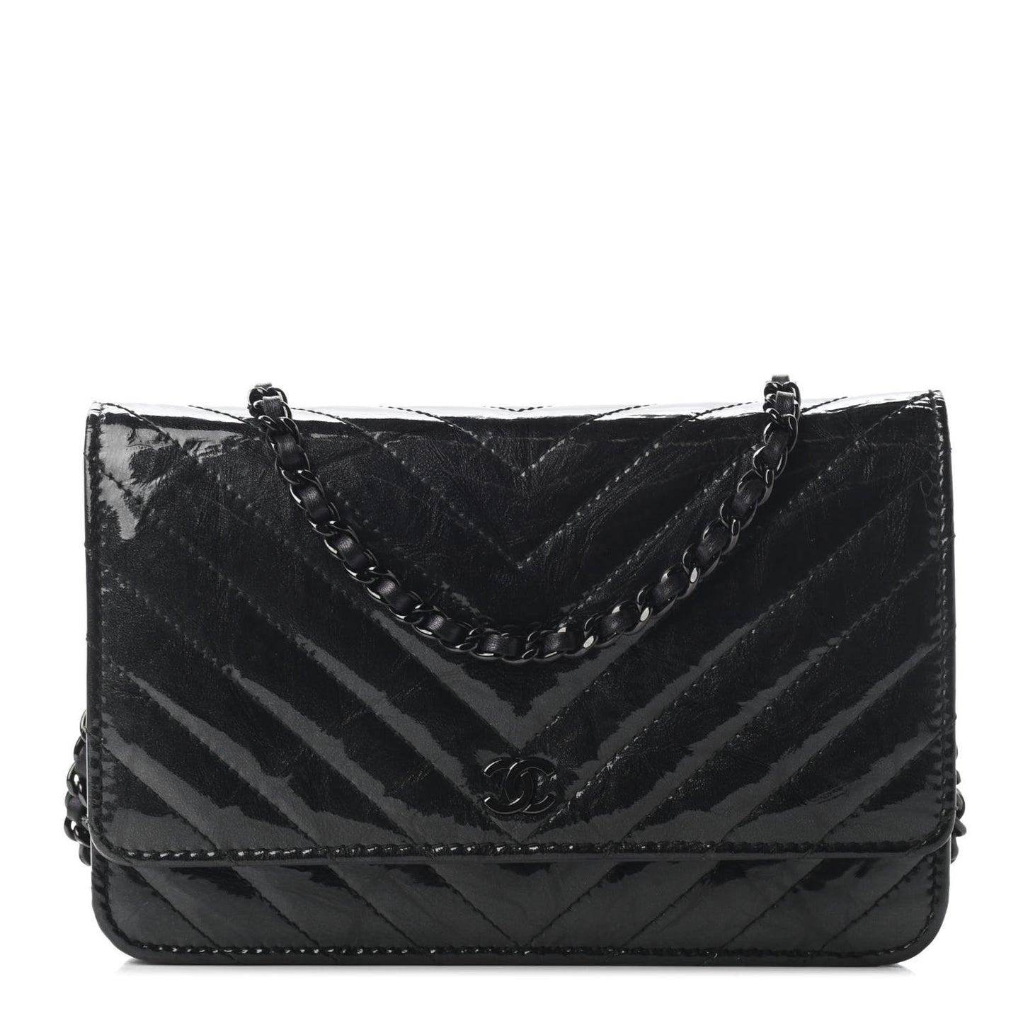 Patent Metallic Crumpled Calfskin Chevron Quilted Wallet On Chain WOC Black
