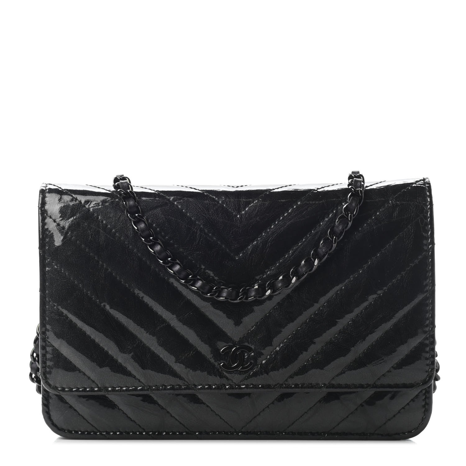 Chanel Patent Metallic Crumpled Calfskin Chevron Quilted Wallet On Chain WOC Black 1 of 10