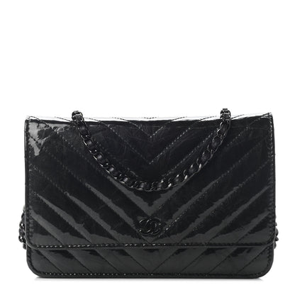 Chanel Patent Metallic Crumpled Calfskin Chevron Quilted Wallet On Chain WOC Black 1 of 10