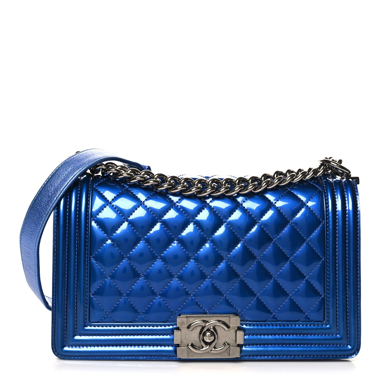 Metallic Patent Quilted Medium Boy Flap Blue