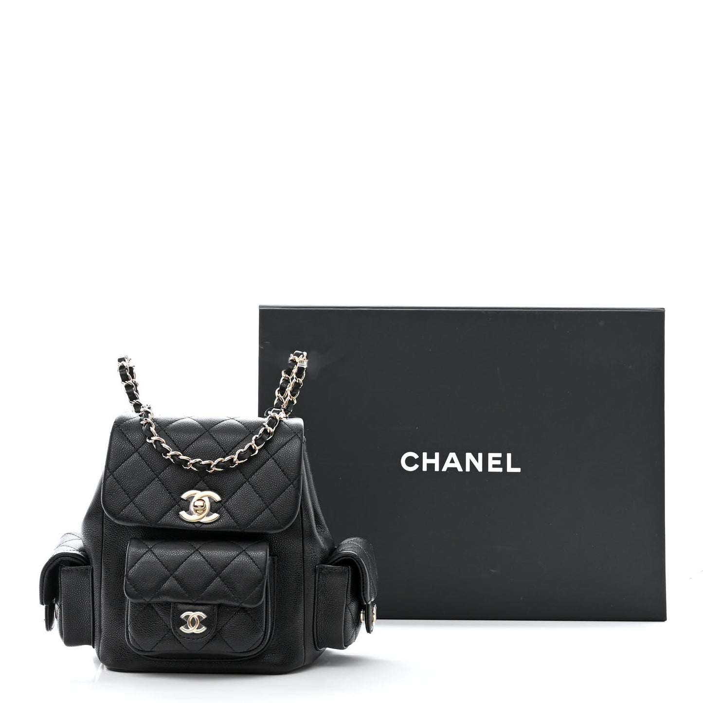 Shiny Caviar Quilted Small Pockets Drawstring Backpack Black