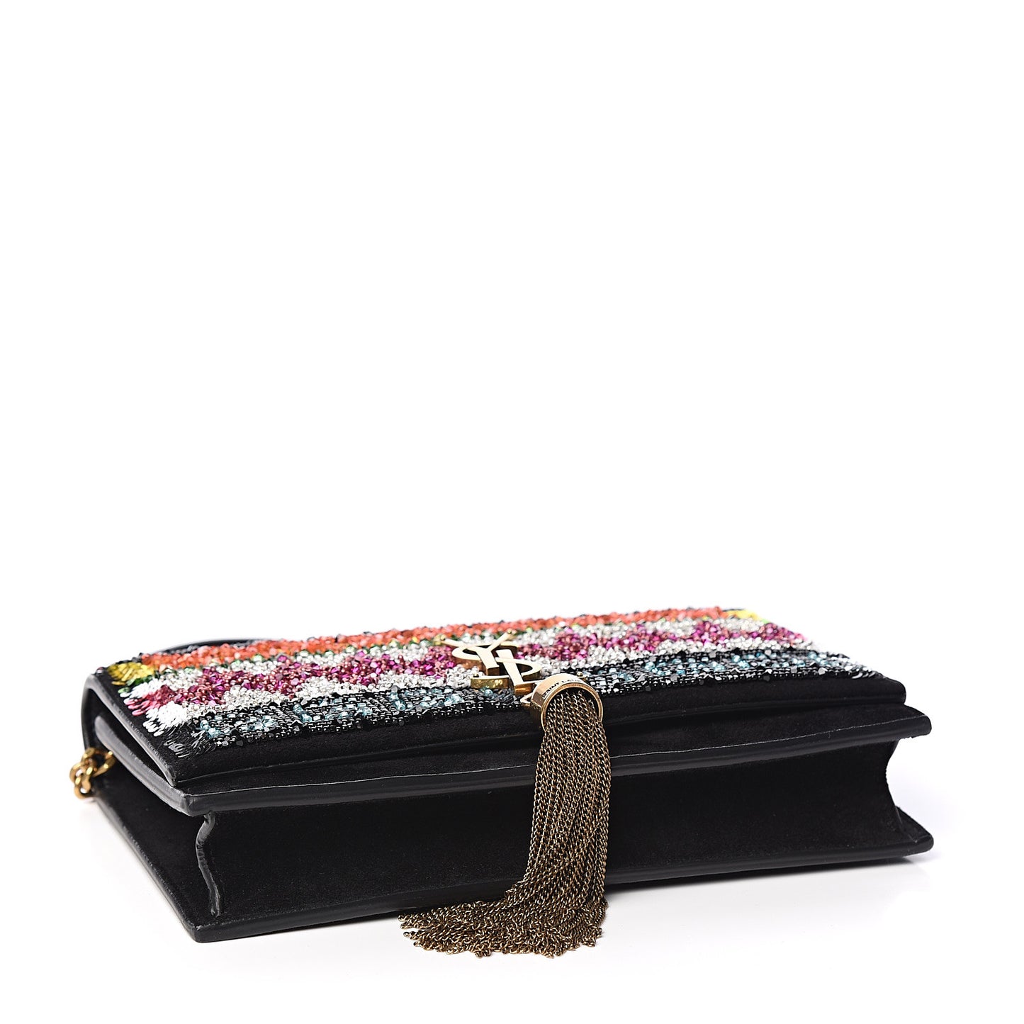 Suede Sequin Bead Embellished Classic Monogram Kate Tassel Chain Wallet Black Multicolor