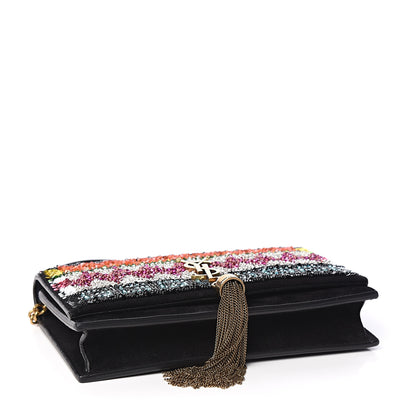 Saint Laurent Suede Sequin Bead Embellished Classic Monogram Kate Tassel Chain Wallet Black Multicolor 3 of 10