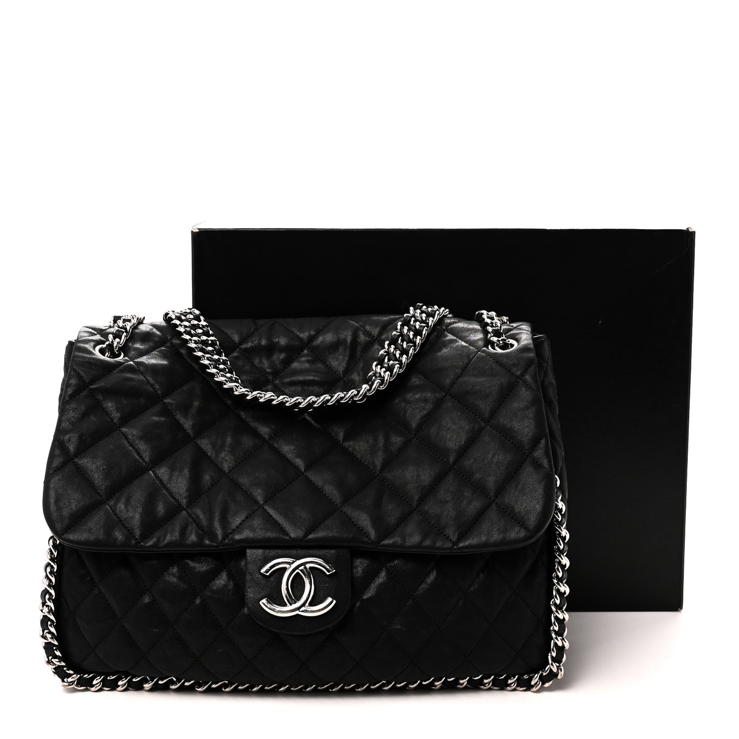 Washed Lambskin Quilted Maxi Chain Around Flap Black Black