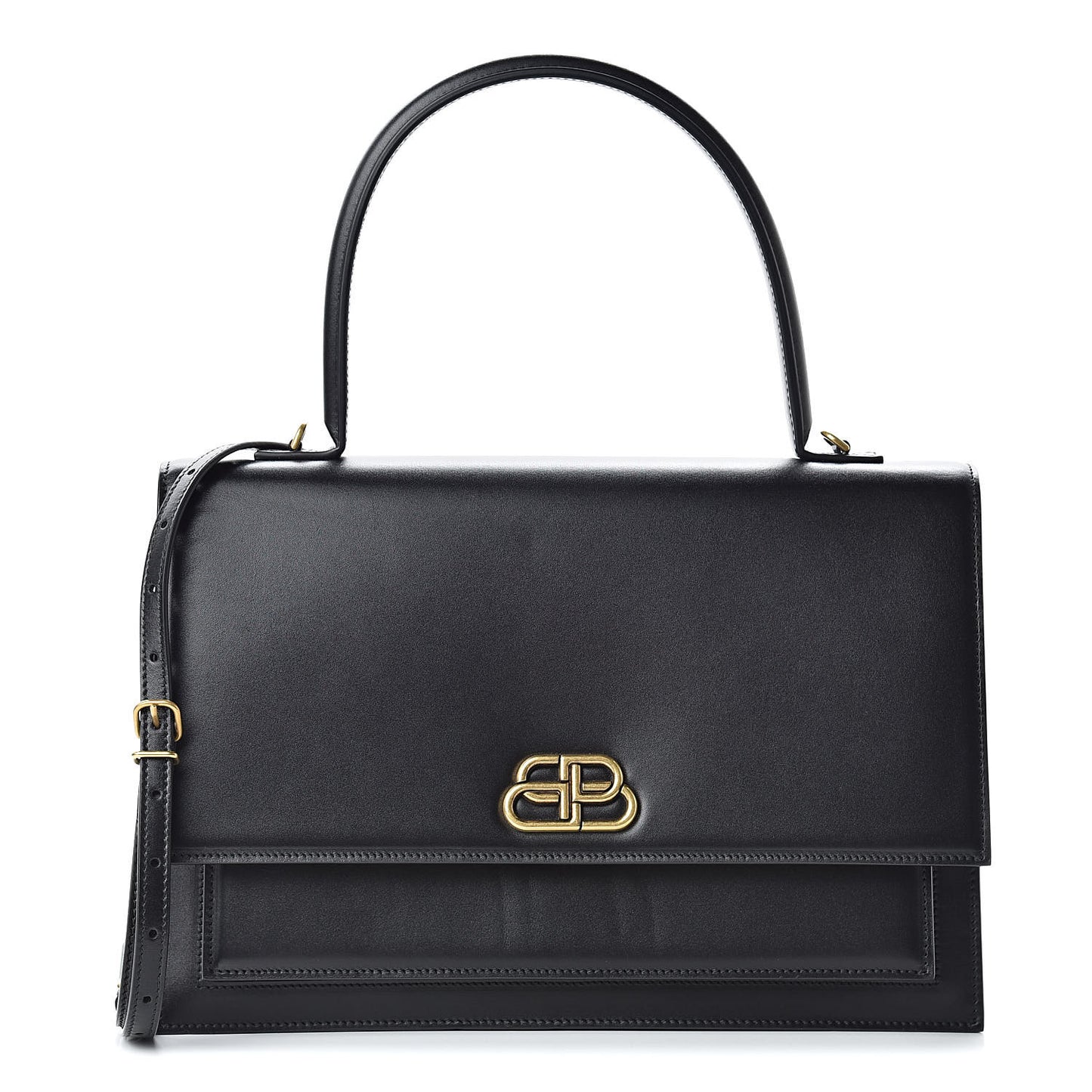 Box Calfskin Large Sharp Top Handle Bag Black