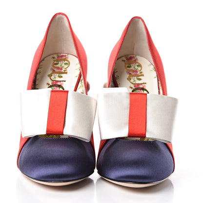 Gucci Silk Satin Pearl Studded Luna Bow Pumps 36.5 Navy Blue 2 of 11