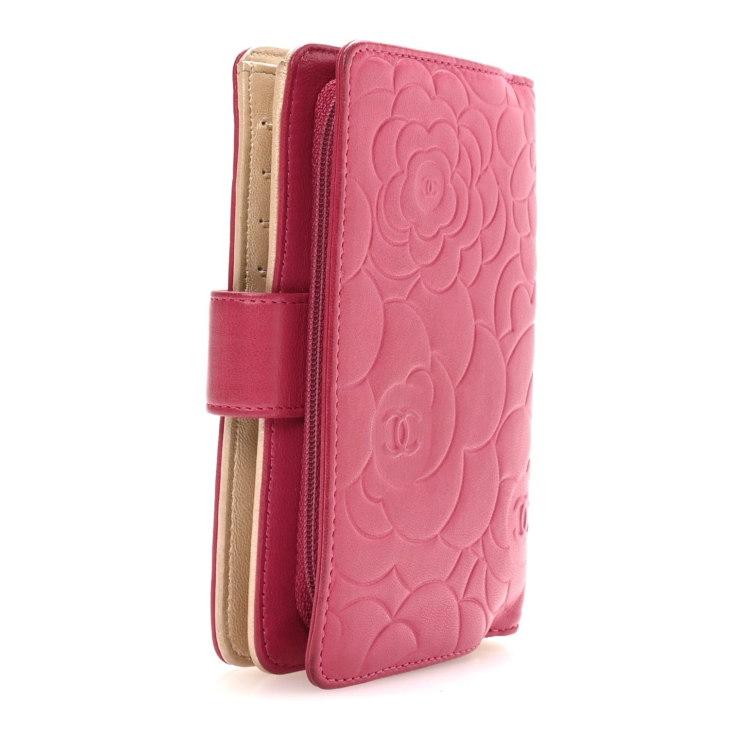 Chanel Lambskin Camellia Embossed L-Zip Pocket Wallet Pink 3 of 9