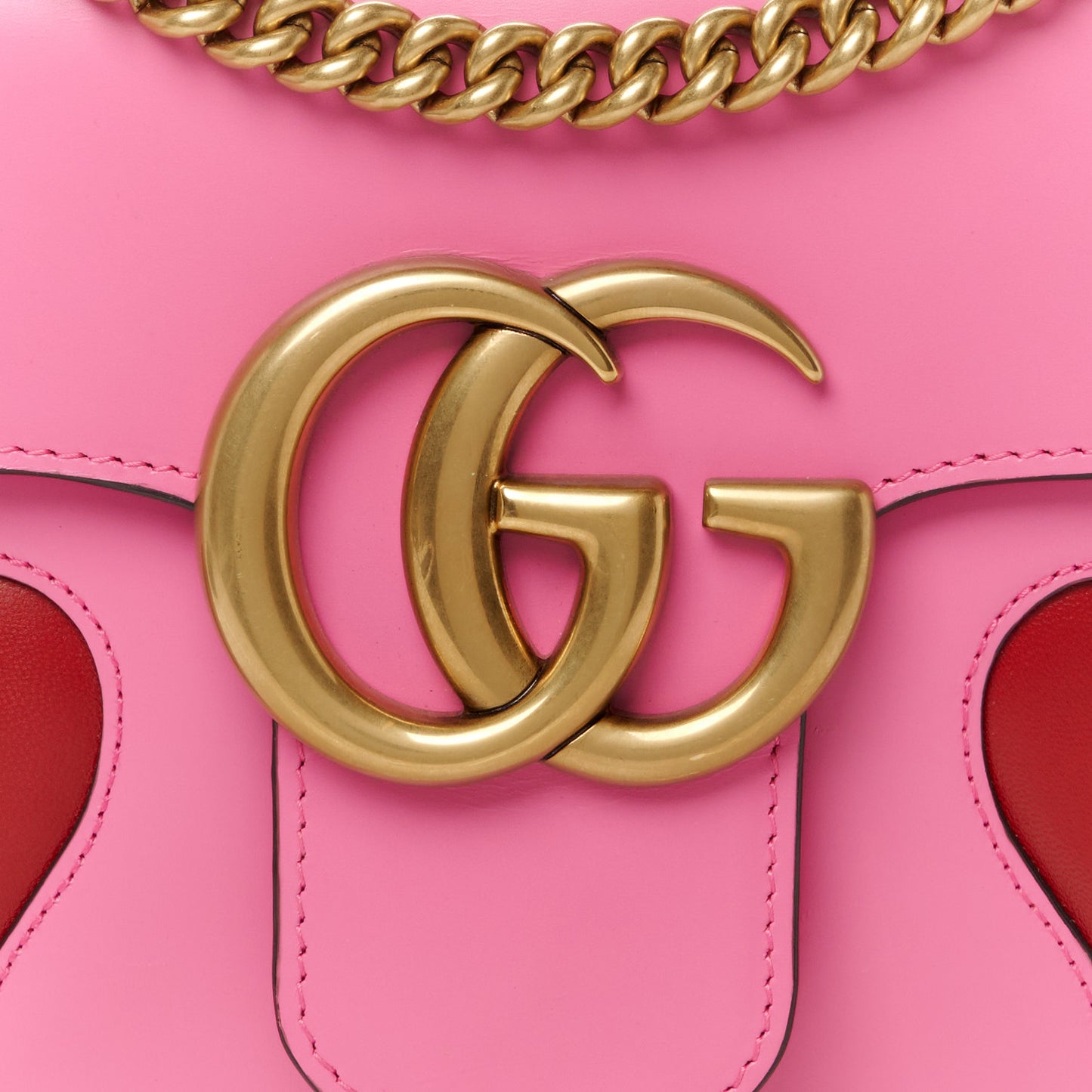 Knight Calfskin Malaga Kid Heart Medium GG Marmont Chain Handle Bag Tropical Pink Flower Hibiscus Red Multicolor