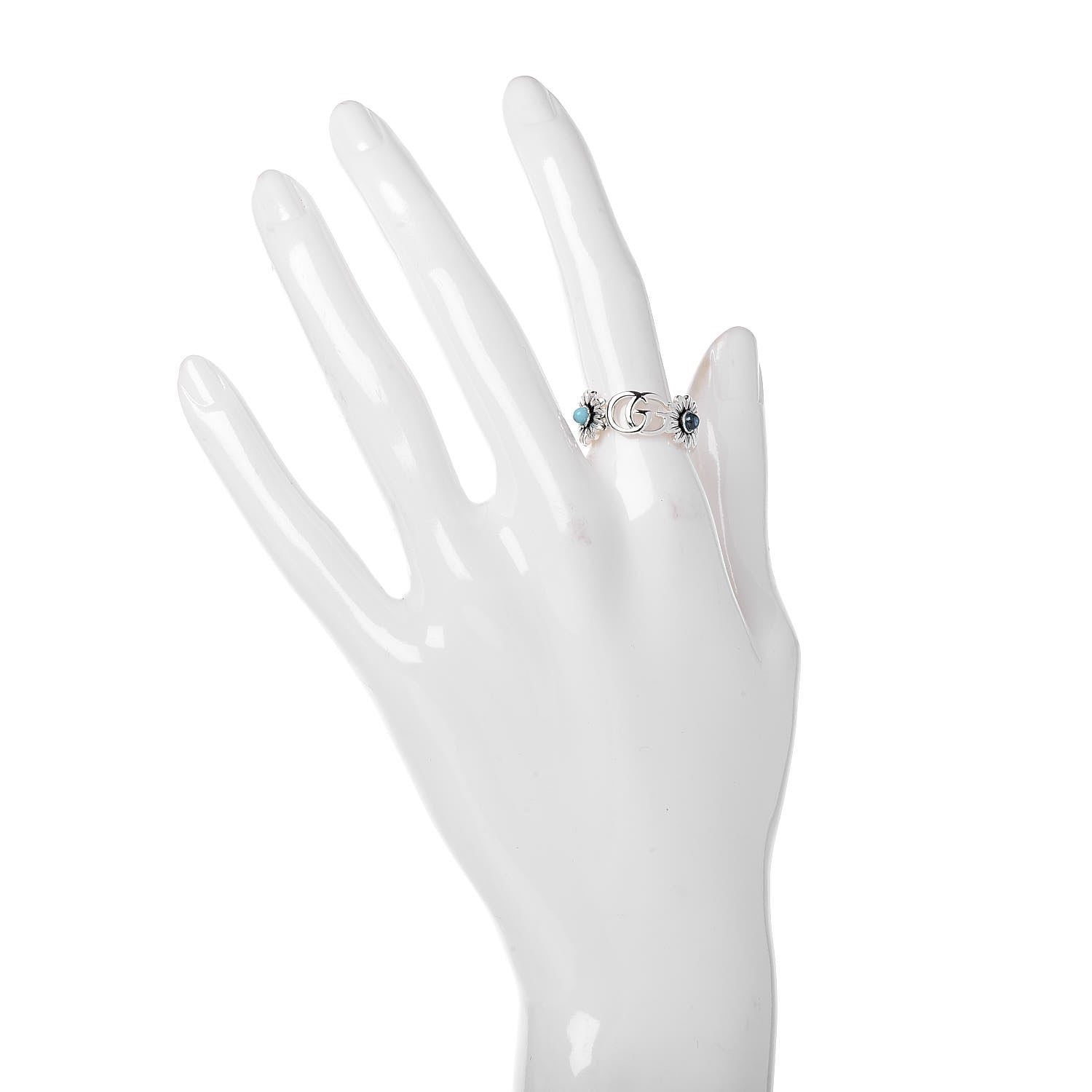 Gucci Sterling Silver Blue Topaz Mother of Pearl Turquoise Resin Double G Flower Ring 57 8 2 of 7