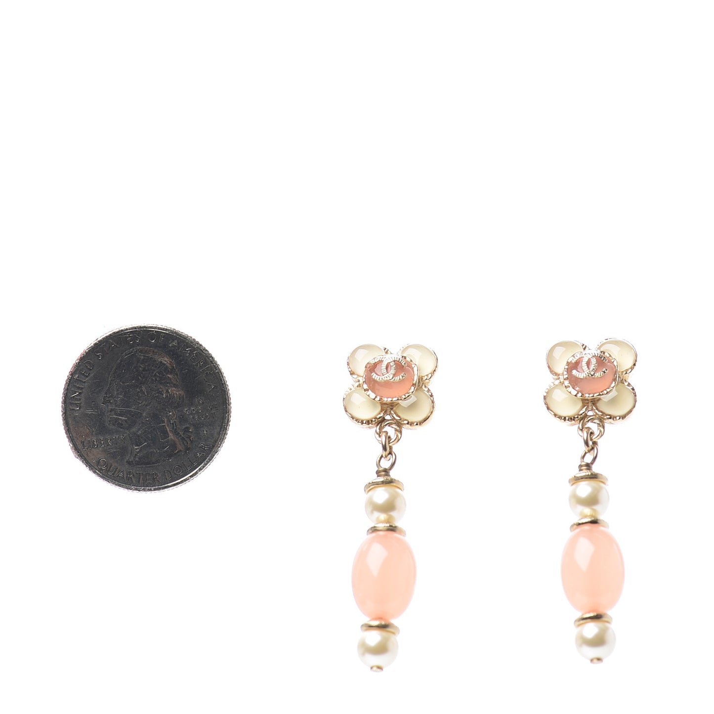 Resin Pearl CC Flower Drop Earrings Pink Beige