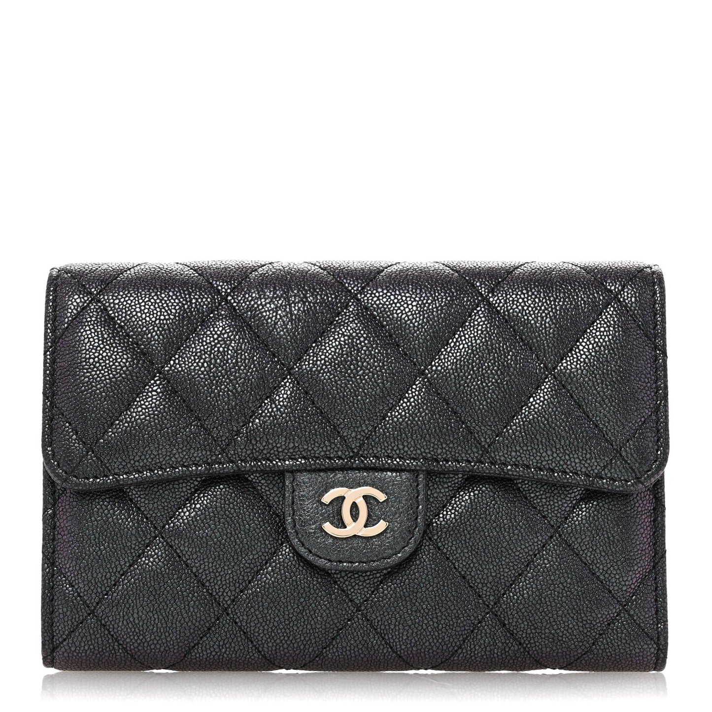 Iridescent Caviar Quilted Medium Flap Wallet Black