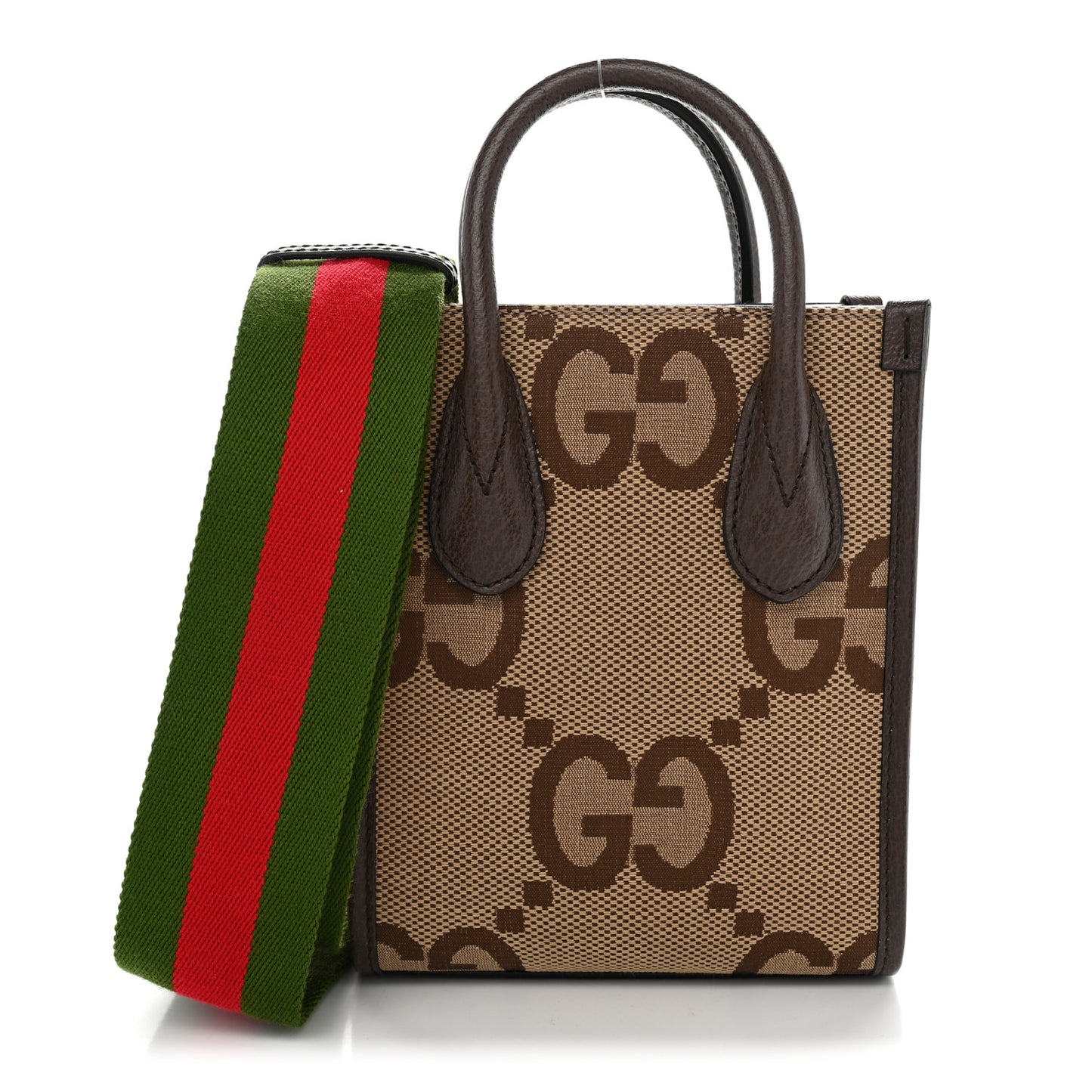 Monogram Jumbo GG Textured Dollar Calfskin Web Mini Vertical Tote Camel Ebony New Acero