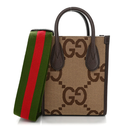 Gucci Monogram Jumbo GG Textured Dollar Calfskin Web Mini Vertical Tote Camel Ebony New Acero 1 of 10